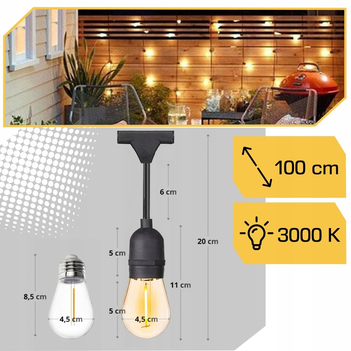 GIRLANDA ogrodowa 10m + 10 żarówek E27 LED Wodoszczelna zewnętrzna przewód Marka bez marki